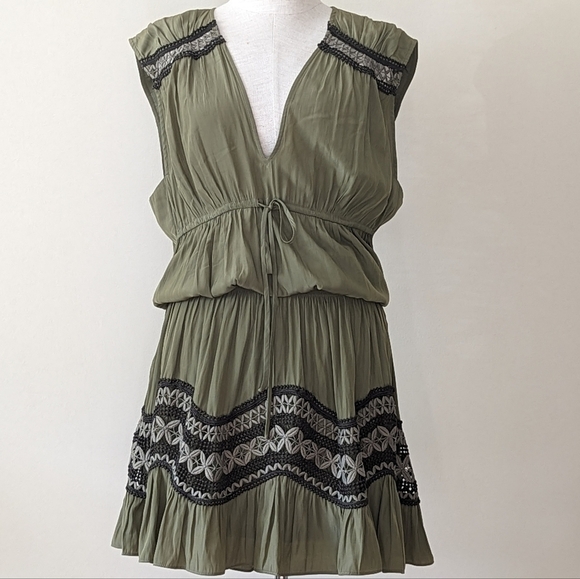 Ramy Brook Isra Mini Dress Sleeveless Deep V Neck Crochet Detail Clover XL NWT - Picture 3 of 16